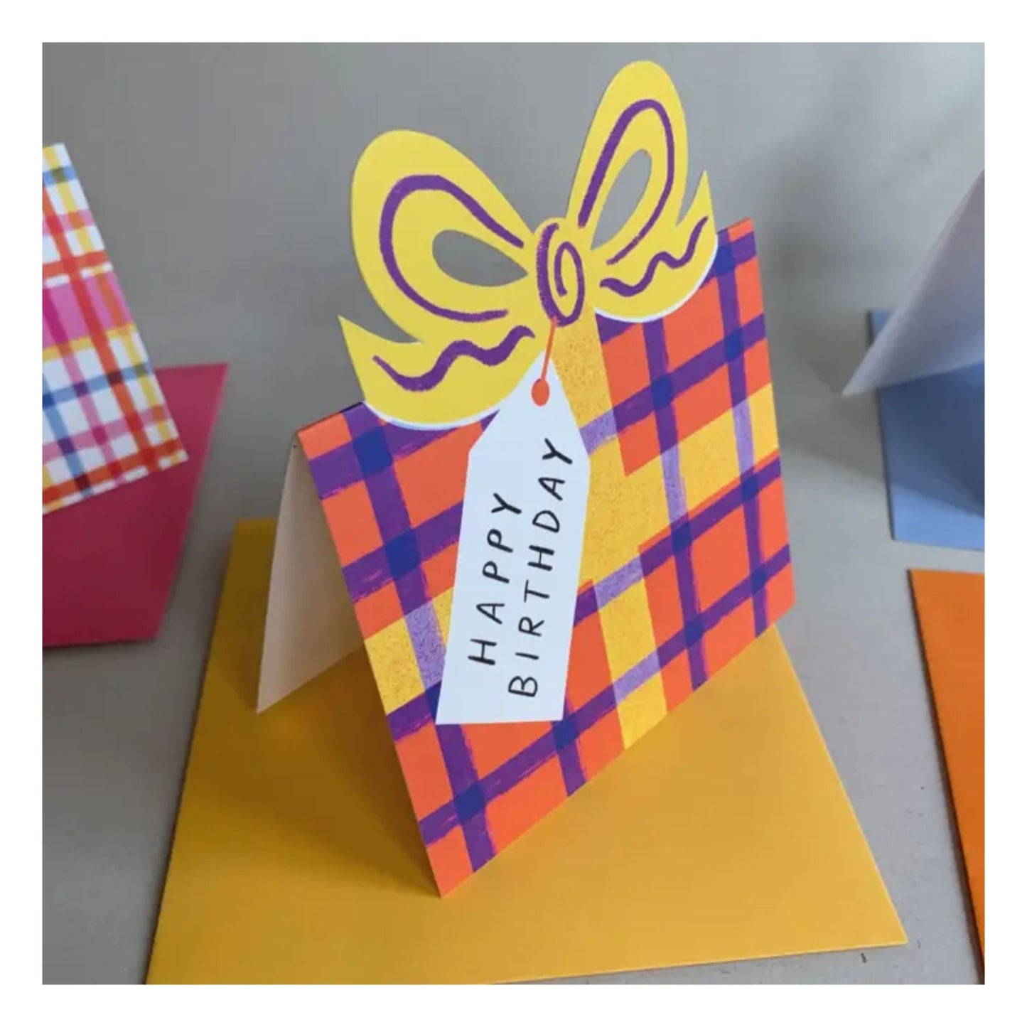 Orange & Yellow Check Birthday Present Card