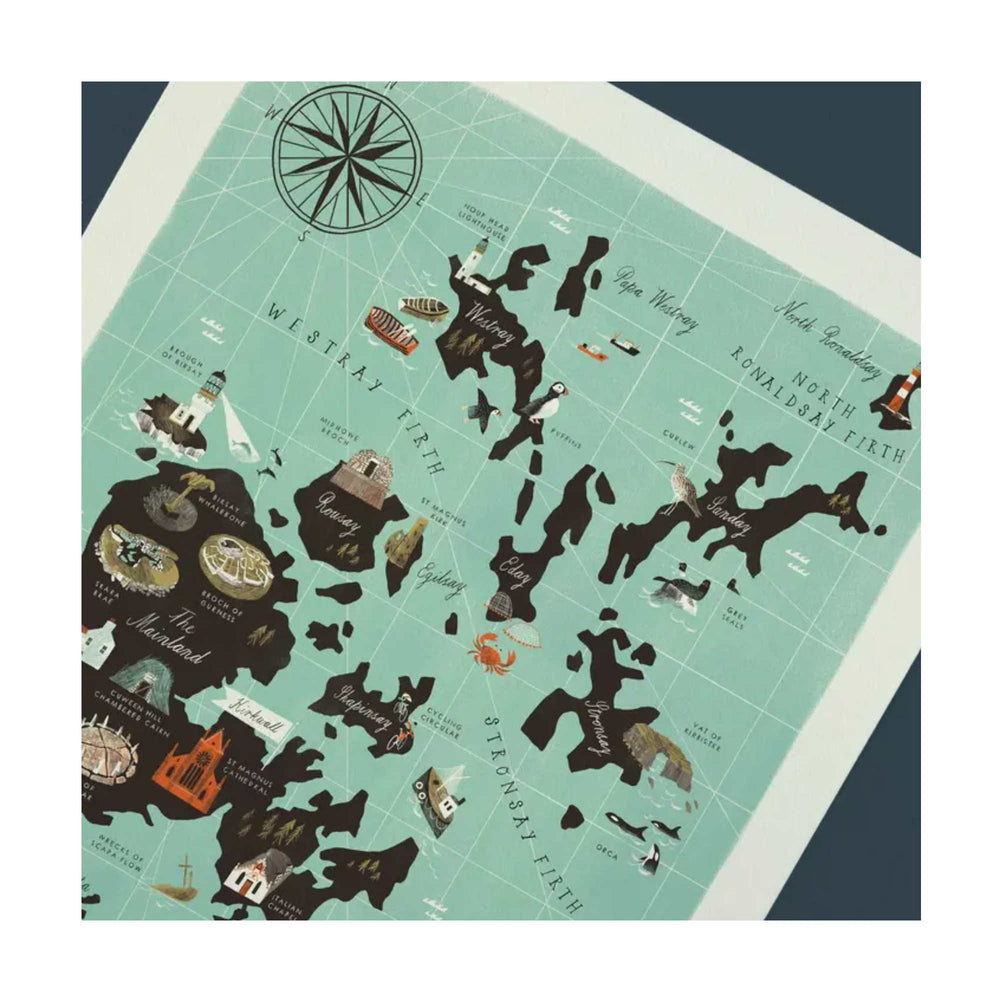 
                  
                    Map of the Orkney Islands with cute stylised illustrations on a teal background
                  
                