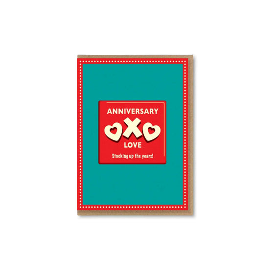 A bold, brilliantly illustrated anniversary card by The Typecast Gallery. It takes inspiration from the Oxo packaging with the words "Anniversary, Oxo Love, Stocking Up the Years". A cute anniversary card for whoever you're stocking up the years with.&nbsp;