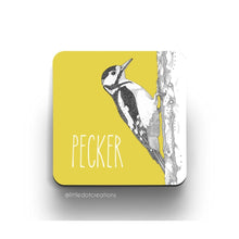  A colourful, pun-tastic coaster from Little Dot Creations featuring a woodpecker and text that reads 'Pecker'