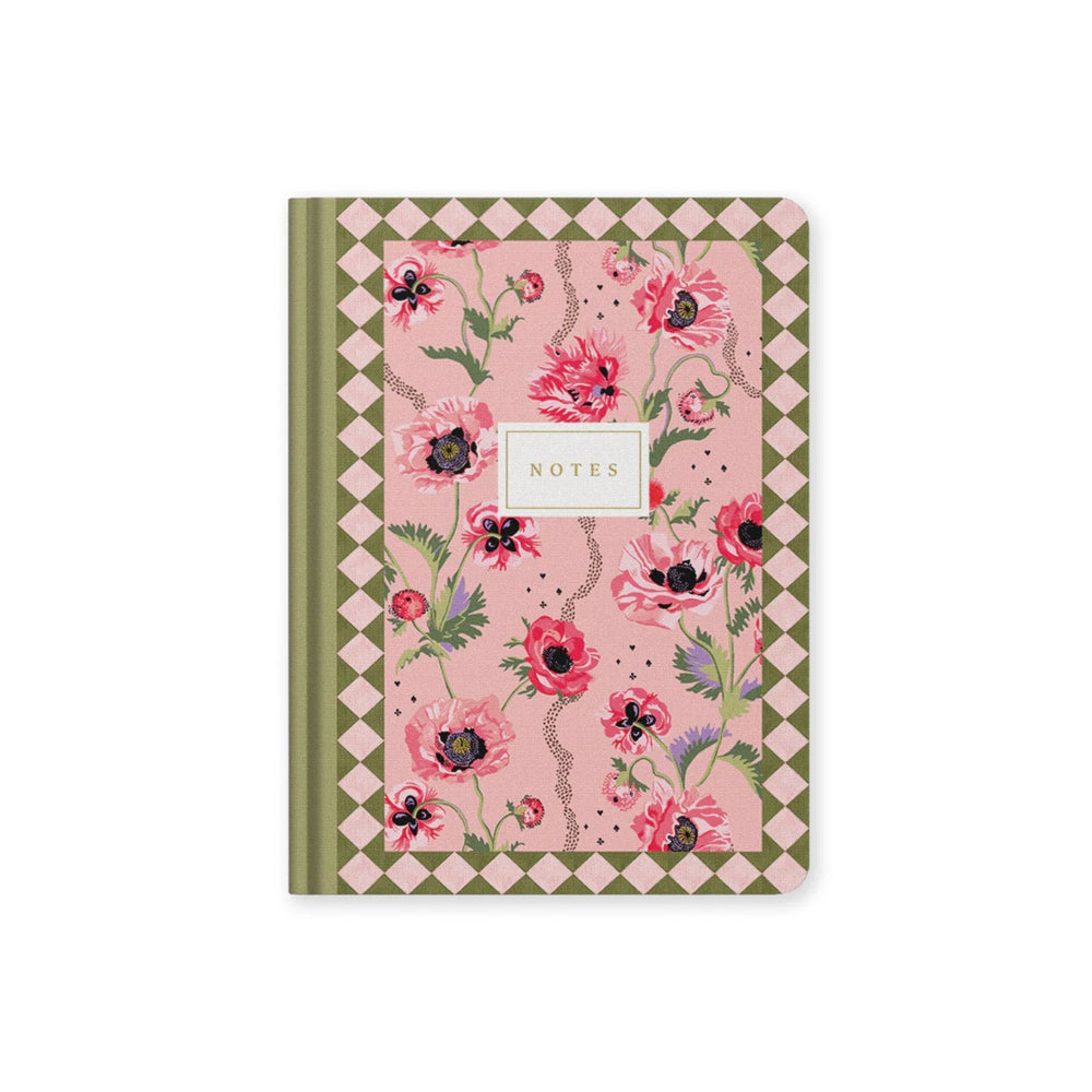 Floral notebook with 'Notes' label on a pink and green checkered background