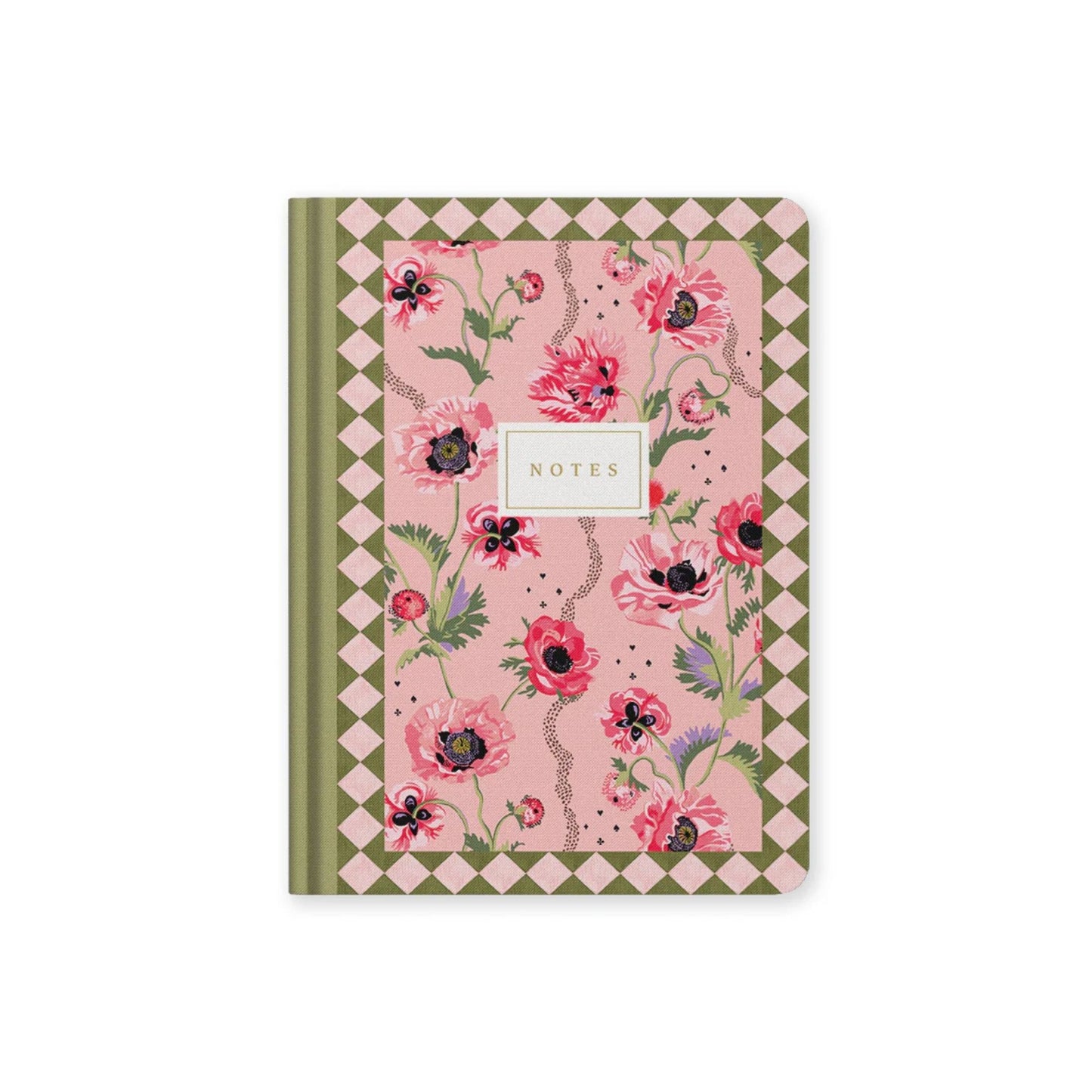 Floral notebook with 'Notes' label on a pink and green checkered background