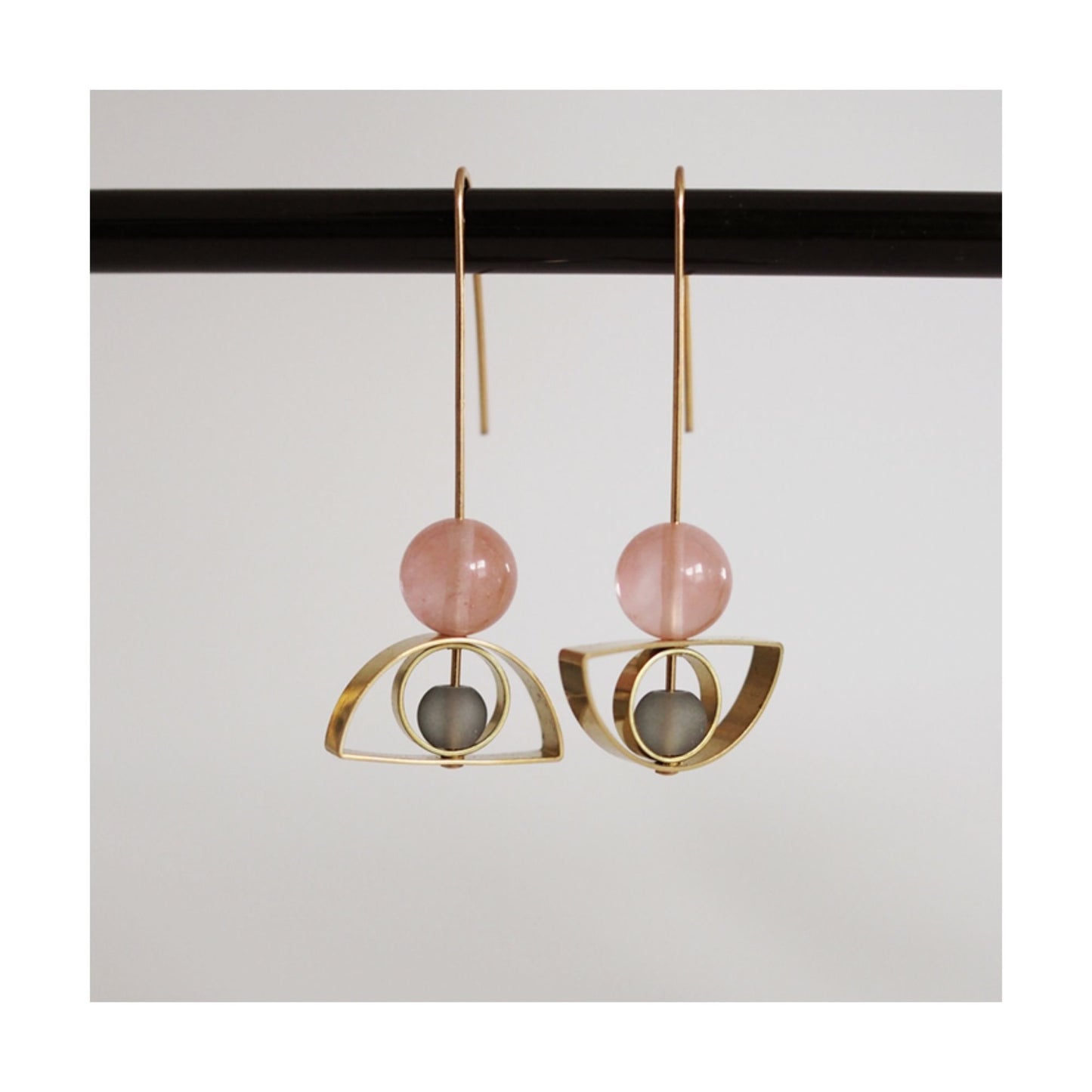 Pink & Grey Bead Brass Arch Earrings