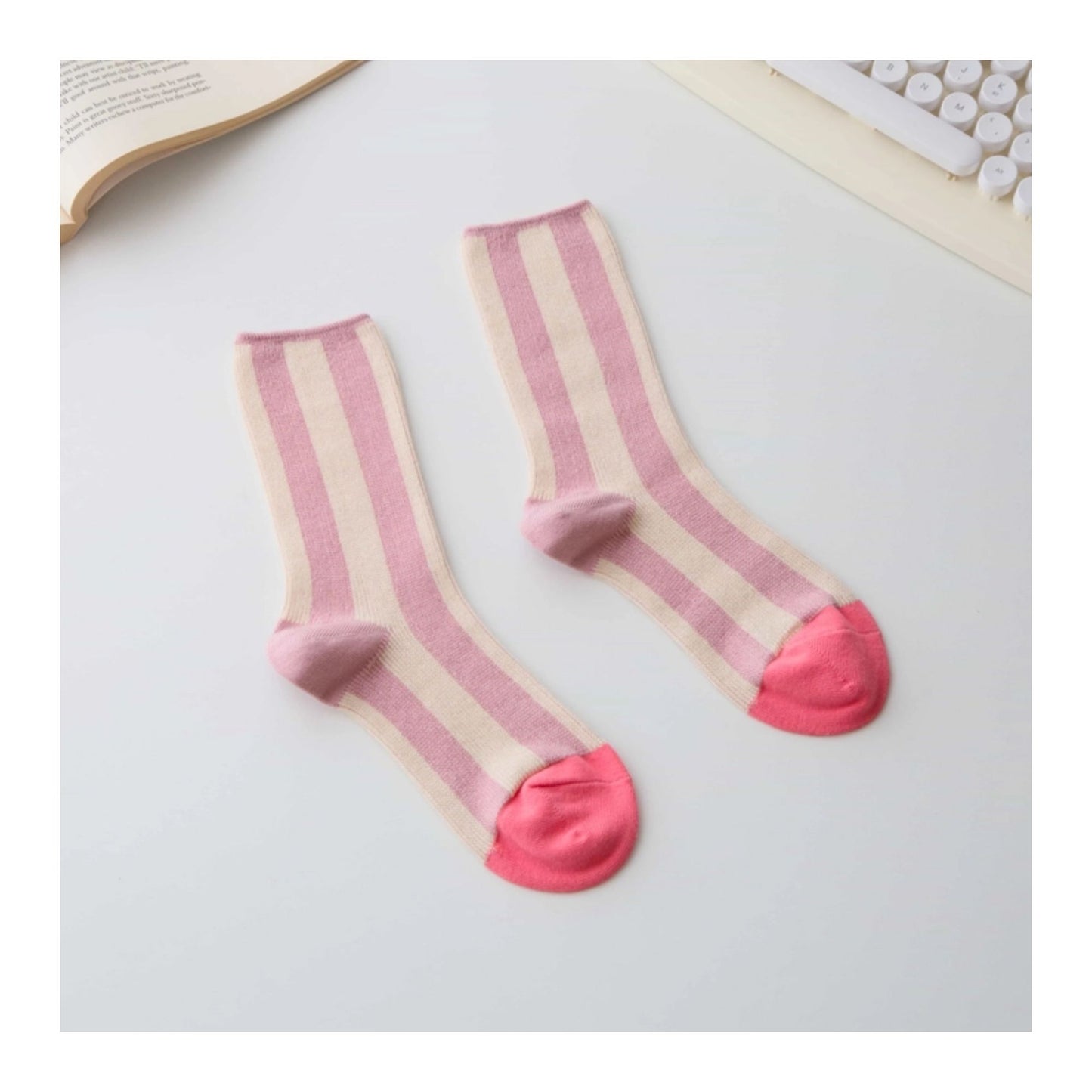 Pink & Cream Cotton Striped Crew Socks