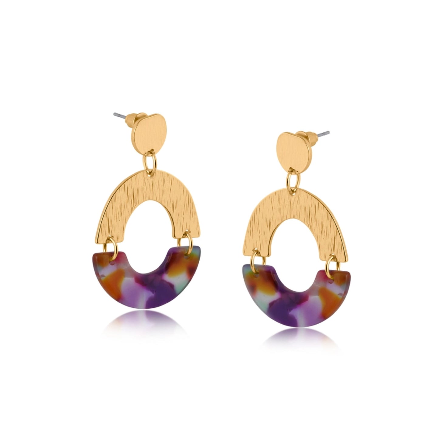 Purple Resin and Brass Oval Drop Earrings