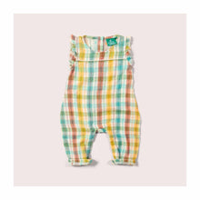  A summer baby romper in a multi-coloured check pattern.
