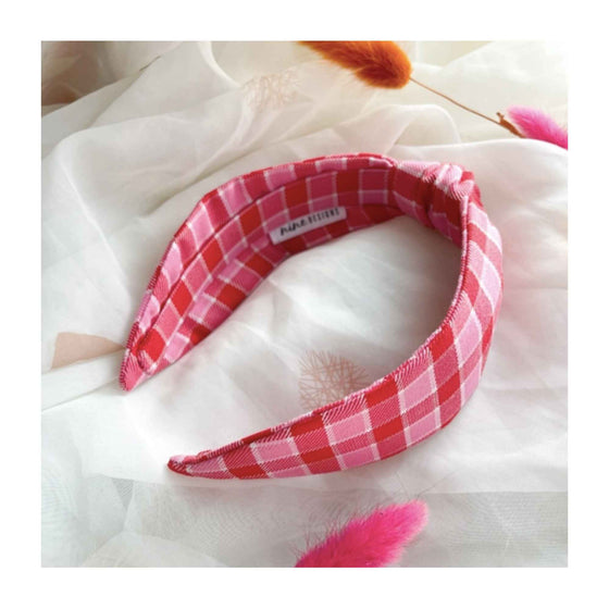 Pink Gingham Tartan Knot Headband