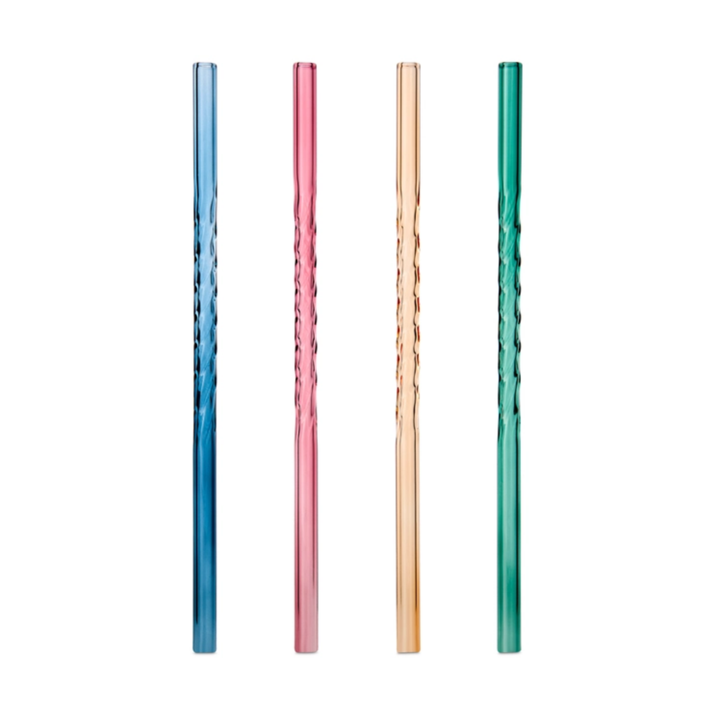 Four metallic straws in blue, pink, rose gold, and green on a white background