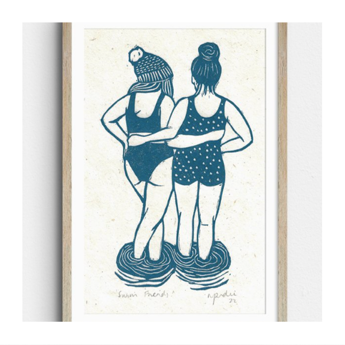 Swim Friends Handmade Linocut Print