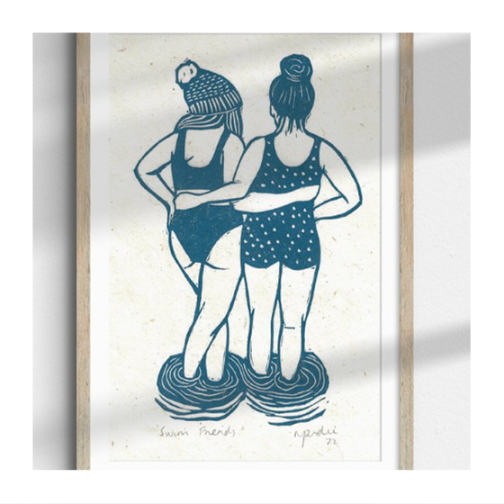 'Swim Friends' Handmade Linocut Print