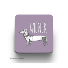  A colourful, pun-tastic coaster from Little Dot Creations featuring a sausage dog and text that reads 'Weiner'.