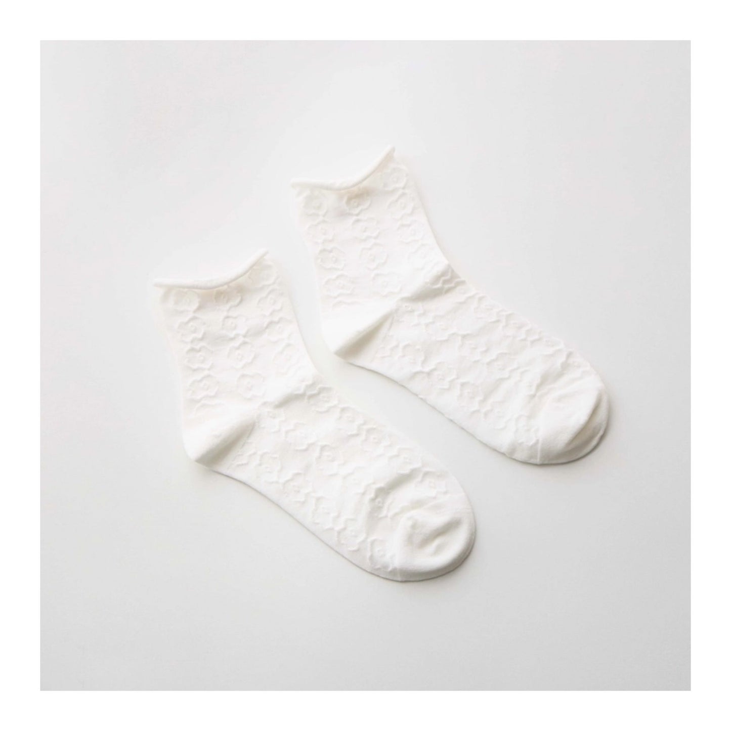 White Cotton Floral Crew Socks
