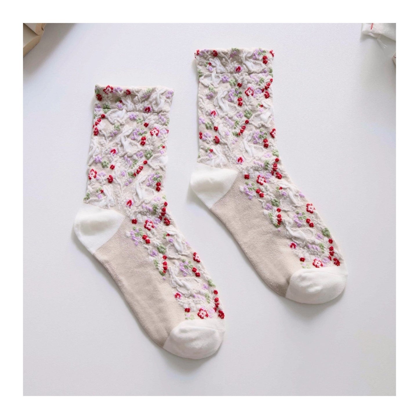 White Floral Rabbit Socks
