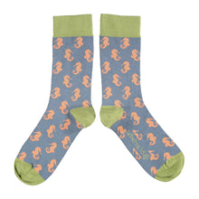  Women's Seahorse Cotton Ankle Socks in Smoky Blue & Apple Green
