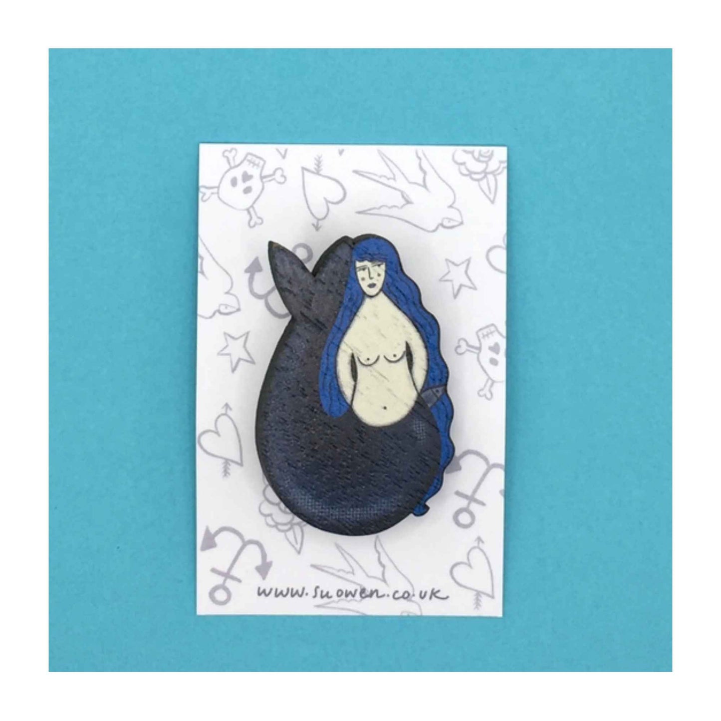 Wooden Mermaid Pin Brooch