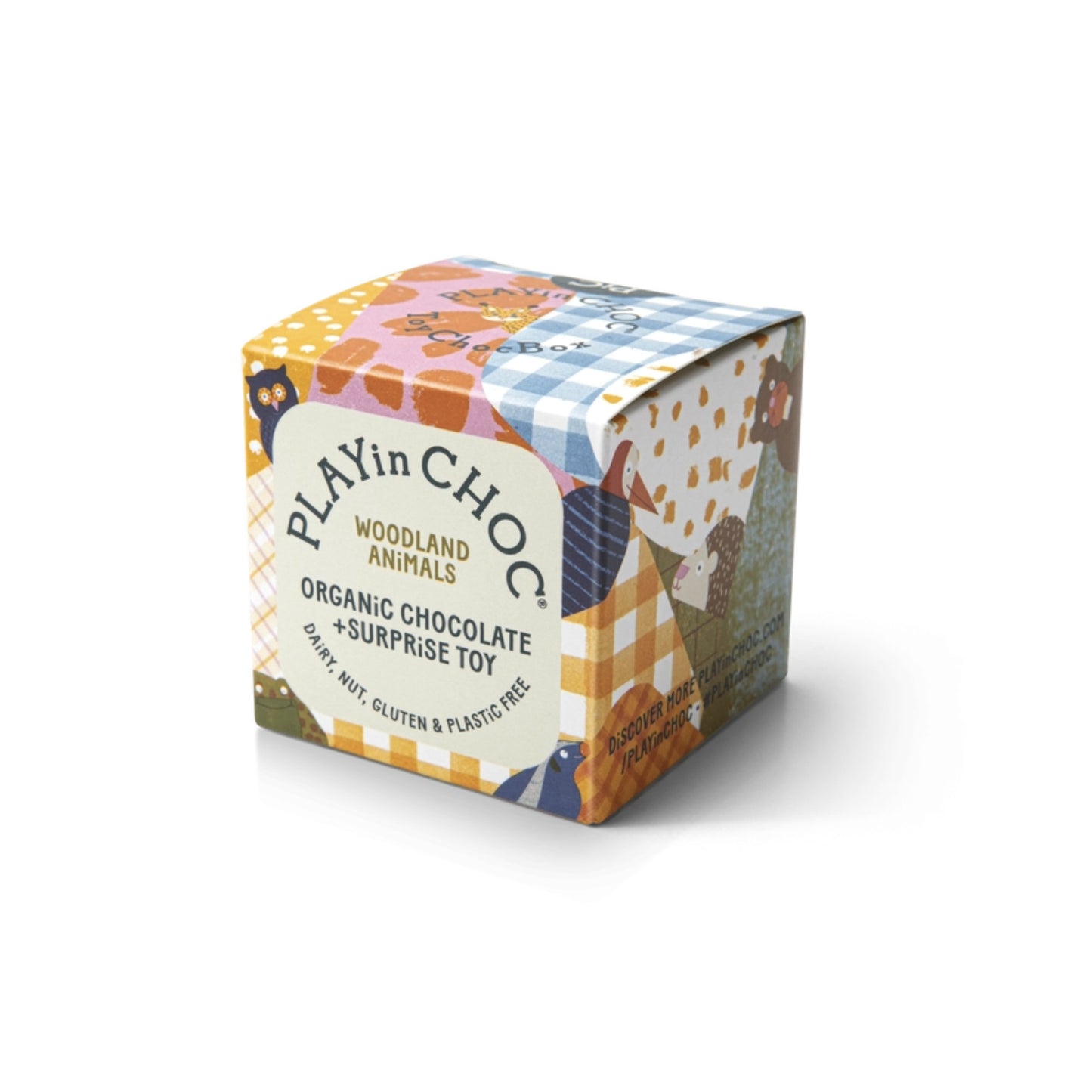 Colorful packaging of PLAYin CHOC with checkered pattern on a white background