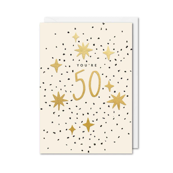 You're 50 card with gold stars and black confetti