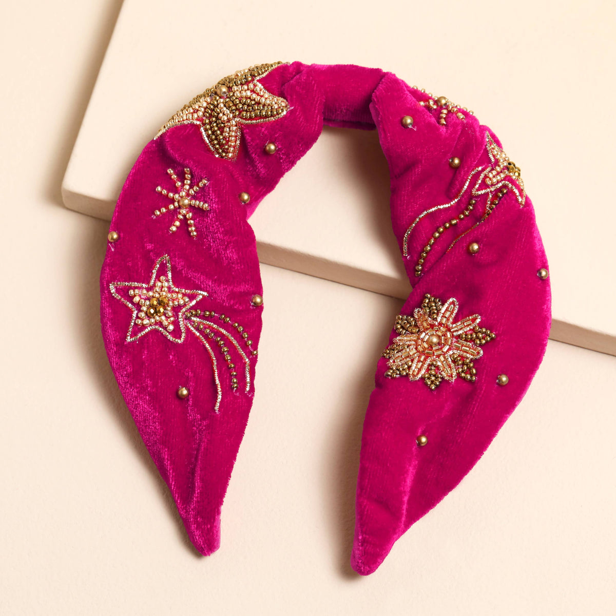 Pink Velvet Gold Celestial Beaded Headband