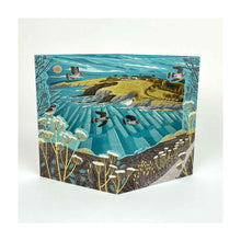  A beautiful illustration of birds flying above the Maenporth coast, carefully designed and crafted into a die cut, fold-out card.