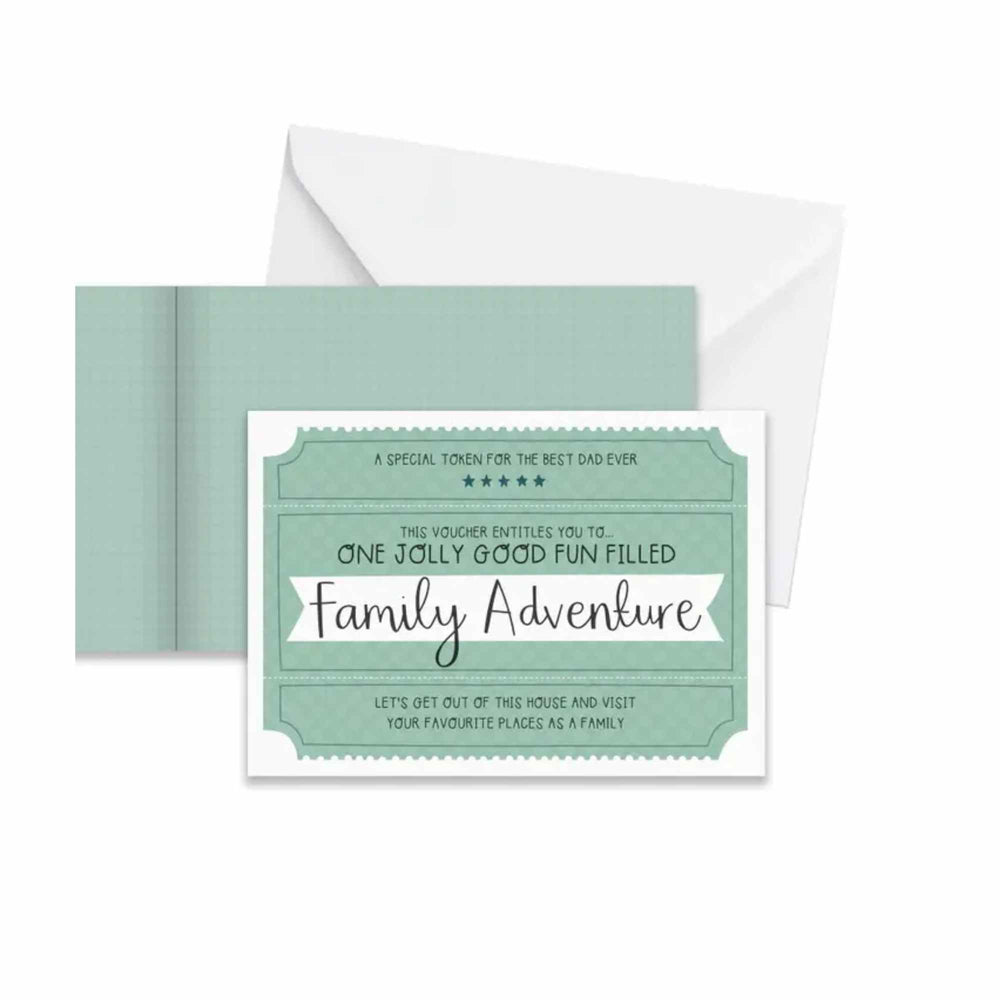 A greeting card in the style of a voucher for 'one jolly good fun filled Family Adventure'