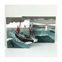  A brooding illustration of a ship in a storm, carefully designed and crafted into a die cut, fold-out card. 