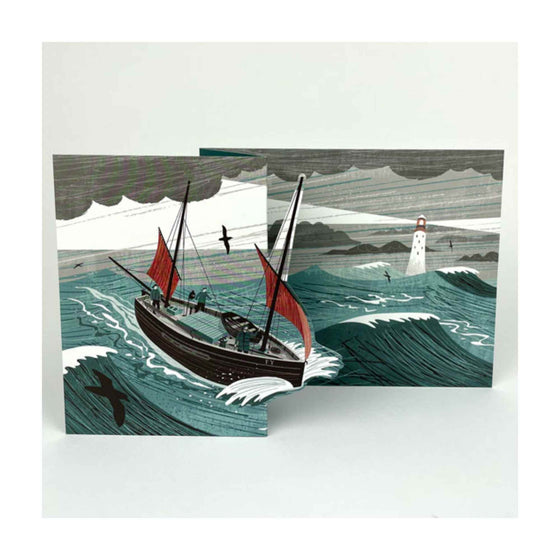 A brooding illustration of a ship in a storm, carefully designed and crafted into a die cut, fold-out card. 