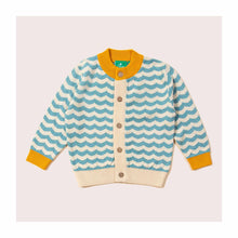  A soft knitted children's cardigan with scalloped striped pattern in blue and cream with yellow collar and cuff.