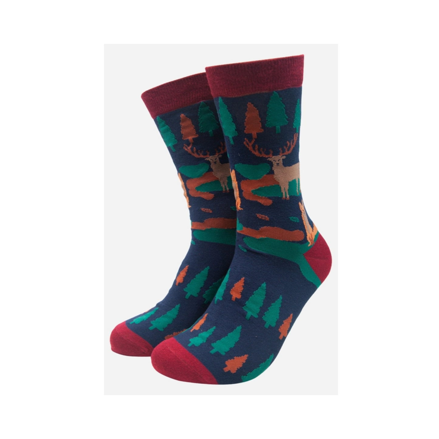 A woodland themed pair of mens socks created by Sock Talk