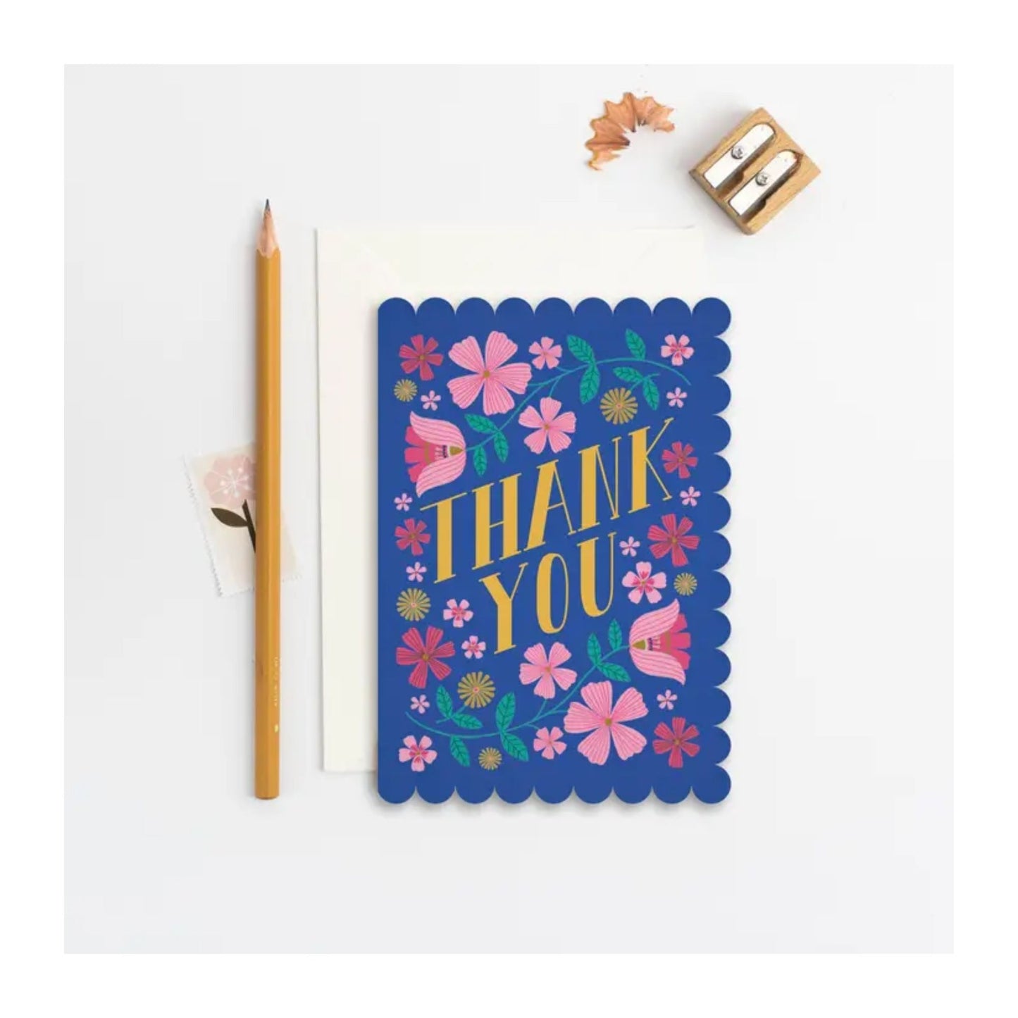 Folk Flowers Blue Scalloped Thank You Card