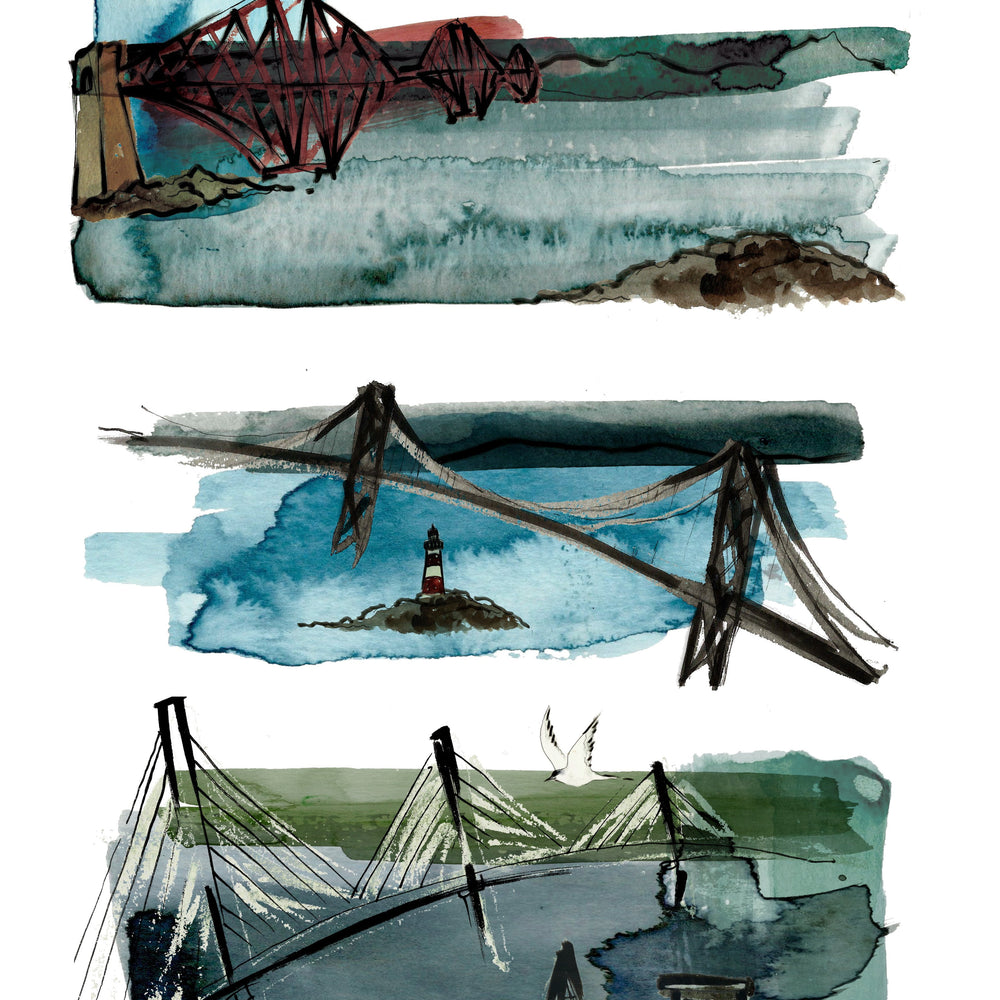A fine art giclee print of an original illustration by Tori Gray featuring the 3 Bridges on the Forth.