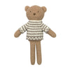 A super soft cotton teddy bear in boucle brown fabric. Cuddles wears a hand knitted striped beige jumper.