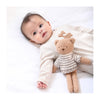 A super soft cotton teddy bear in boucle brown fabric. Cuddles wears a hand knitted striped beige jumper.