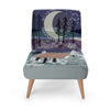 An illustrated occasional chair from Tori Gray of Harbour Lane Studio. The chair is upholstered in Tori's 'Bothy Folk Song' design, featuring a crescent moon on the front facing chair back and a bothy on the seat. The text read over the design, 'Across the Moonlit Heather, My Lassie Calls As I Roam. Tis Soon We'll be Together in that Heaven We Call Home'.