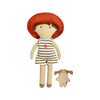 A super soft jersey doll with a linen hat and detached dog friend. Hugo wears a striped romper with a mushroom embroidered on the front and a red hat.