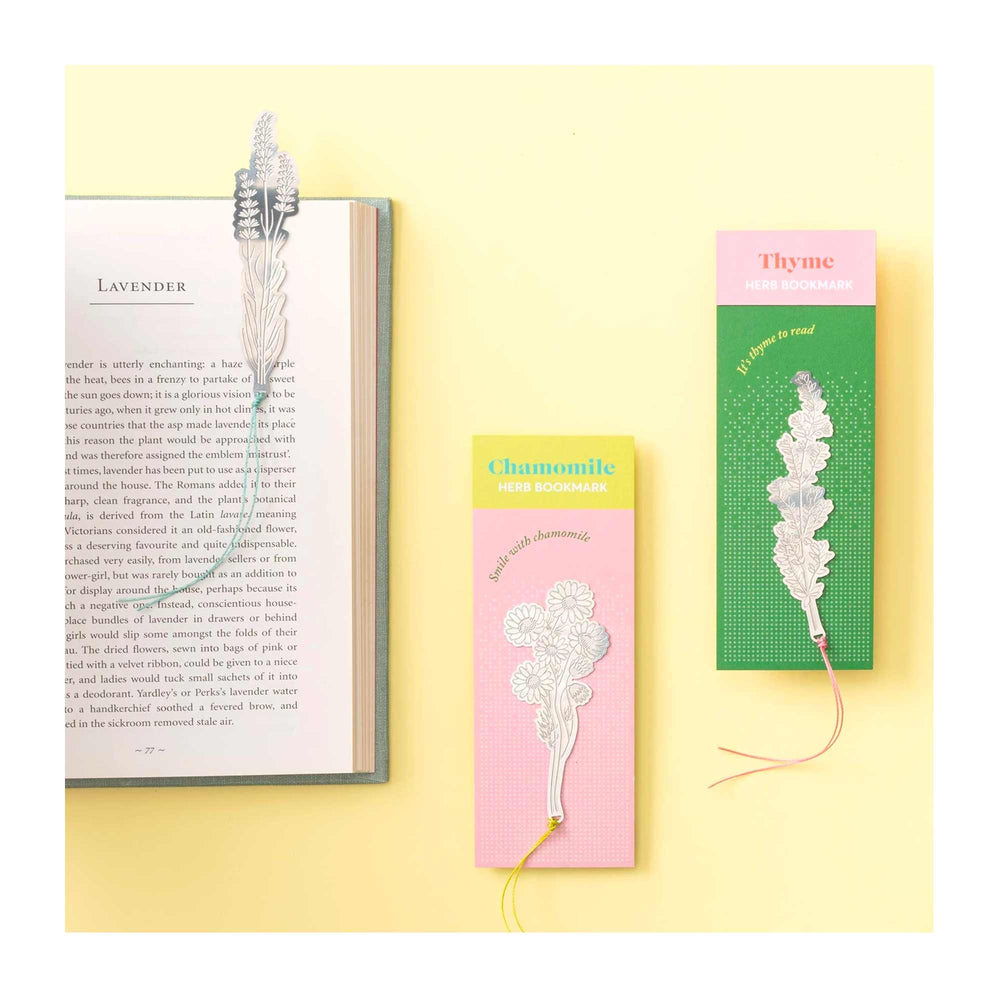 
                  
                    Steel etched bookmarks in Lavender, Chamomile and Thyme designs with colourful cords.
                  
                