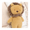 A super soft baby toy in the shape of a lion. Leo the Lion has a soft yellow body and brown fur on his collar and mane.