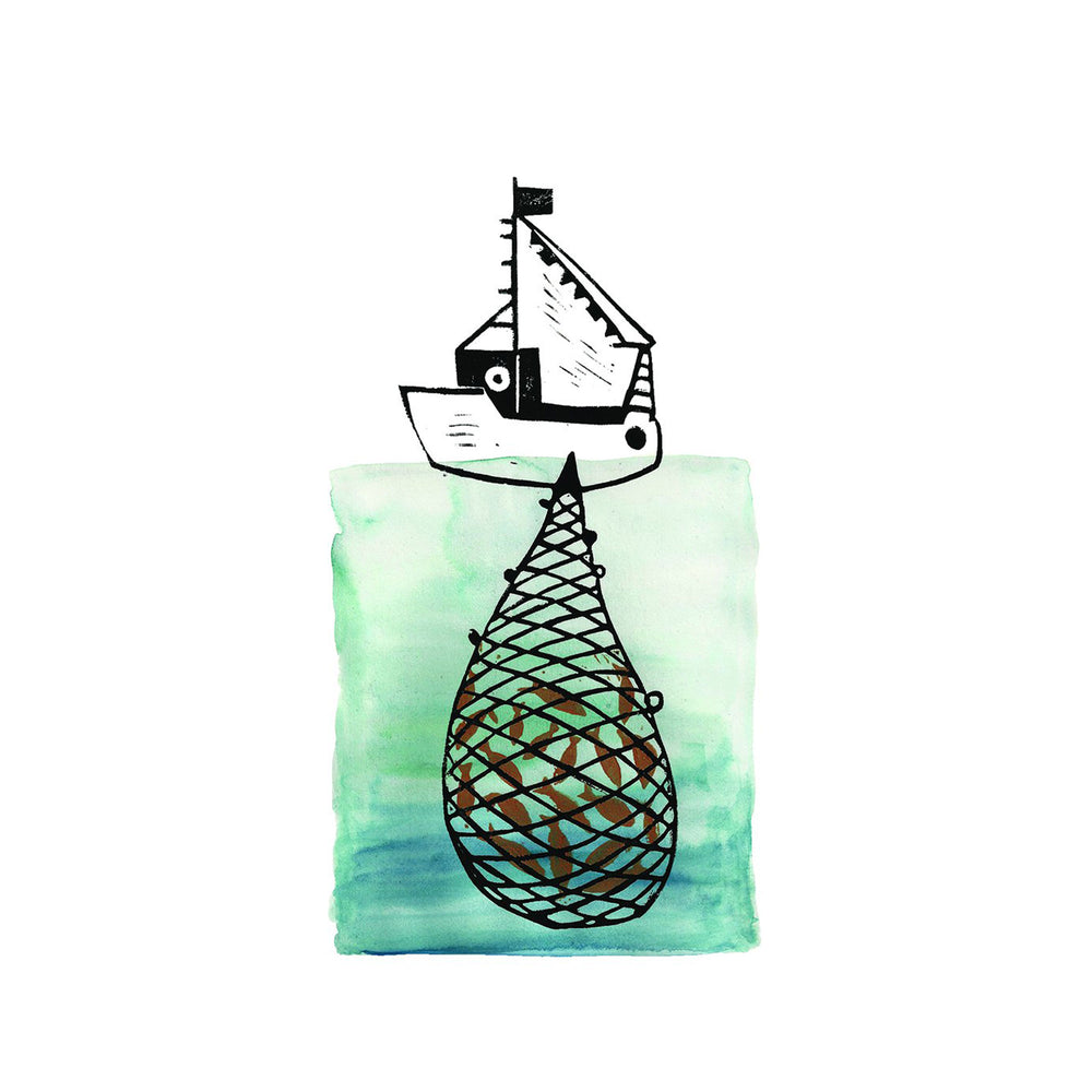 
                  
                    A fine art giclee print of an original lino print and watercolour illustration of a fishing boat and net by Tori Gray.
                  
                