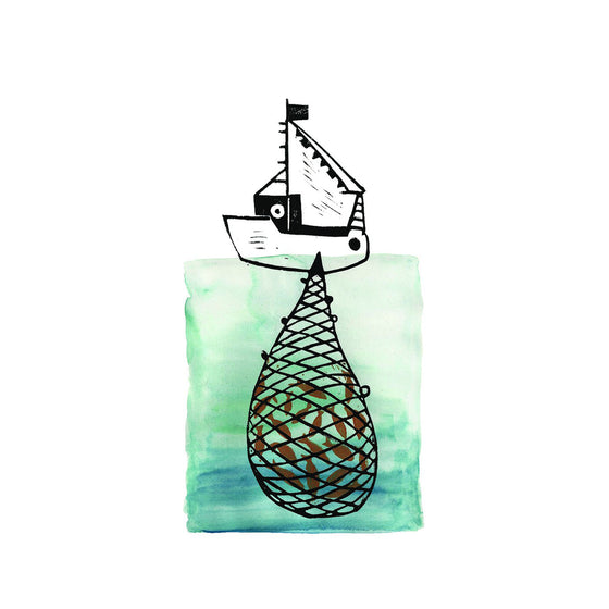 A fine art giclee print of an original lino print and watercolour illustration of a fishing boat and net by Tori Gray.