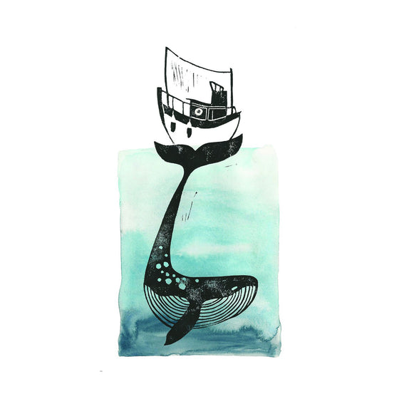 A fine art giclee print of an original lino print and watercolour illustration of a whale by Tori Gray.