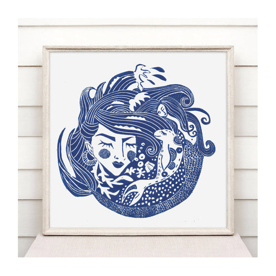 Mermaid on Chesil Handmade Linocut Print