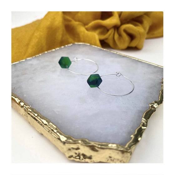 Mini Green Hexagon Hoop Earrings
