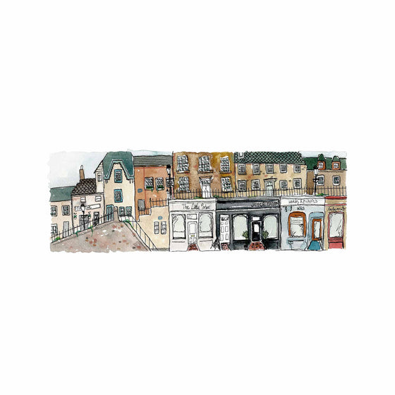 A fine art giclee print of an original illustration by Tori Gray of the shops, houses and businesses that make up South Queensferry High Street.