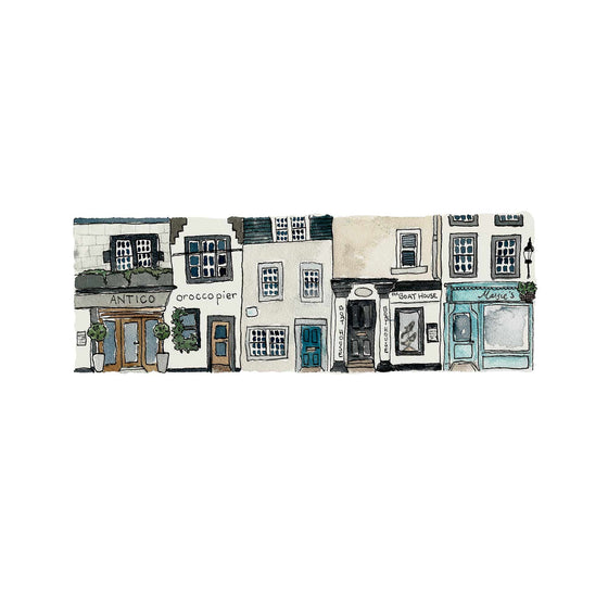 A fine art giclee print of an original illustration by Tori Gray of the shops, houses and businesses that make up South Queensferry High Street.
