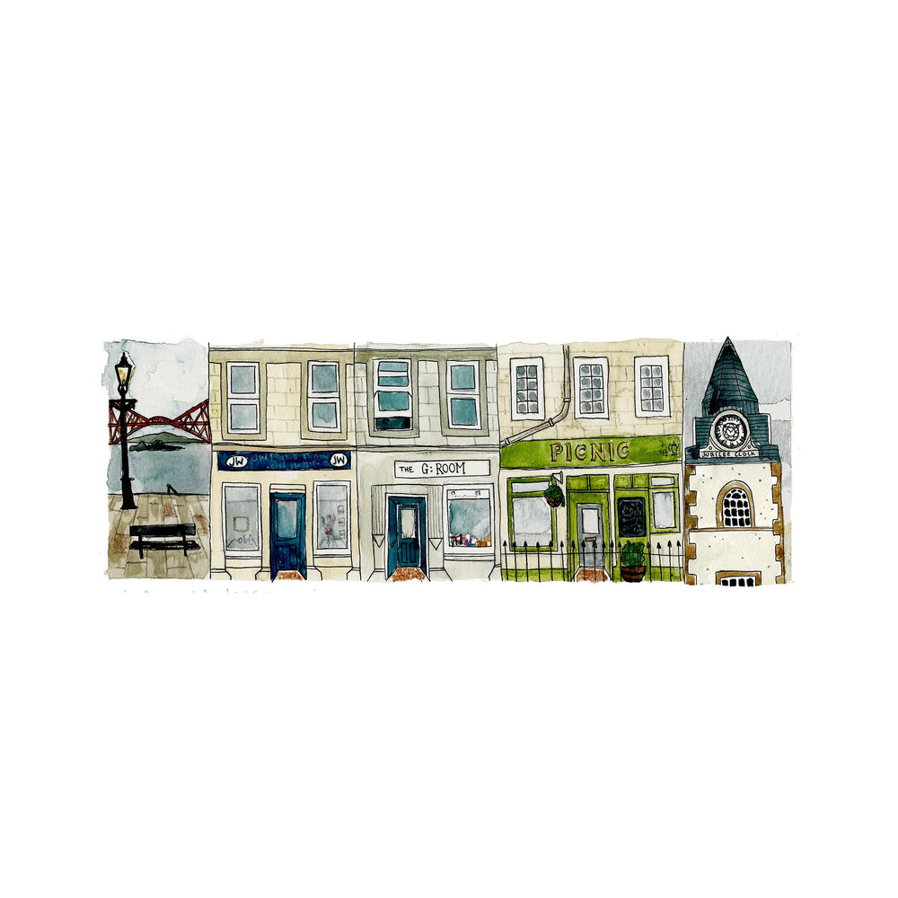 
                  
                    A fine art giclee print of an original illustration by Tori Gray of the shops, houses and businesses that make up South Queensferry High Street.
                  
                