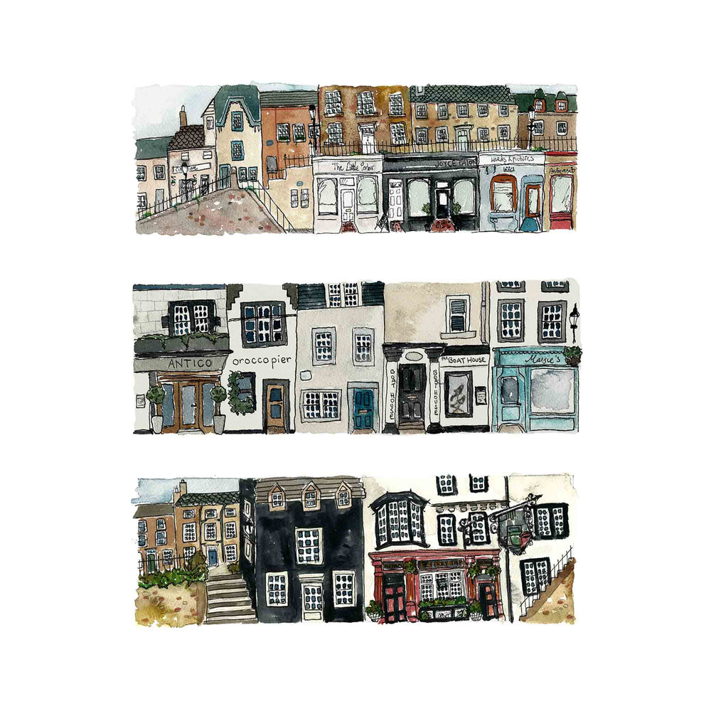 
                  
                    A fine art giclee print of an original illustration by Tori Gray of the shops, houses and businesses that make up South Queensferry High Street.
                  
                
