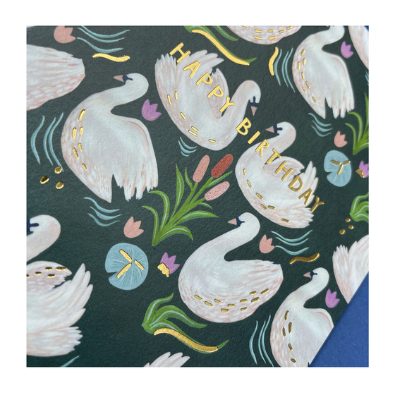 Elegant swan pattern 'Happy Birthday' card