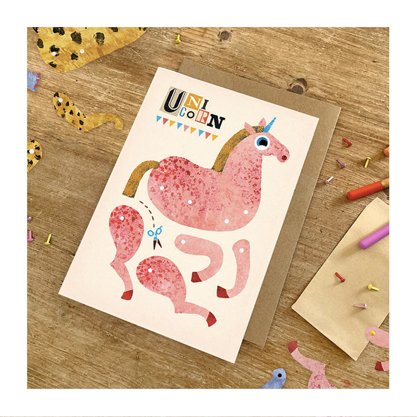 Unicorn Split Pin Puppet A5 Greeting Card