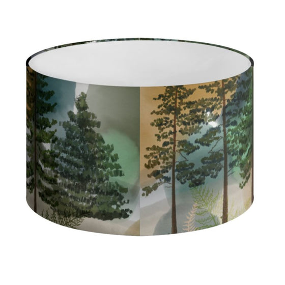 An illustrated lampshade featuring a woodland scene with foxes by Tori Gray / Harbour Lane Studio.