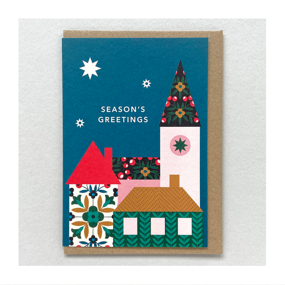 Town Scene Folk Christmas Card