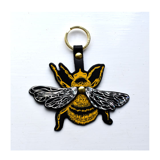 Yellow and silver metallic leather bee key fob by Ark 